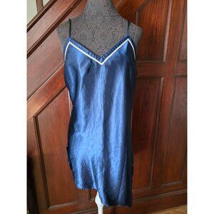 Satin Navy Blue Chemise Nightgown Lingerie White Trim M